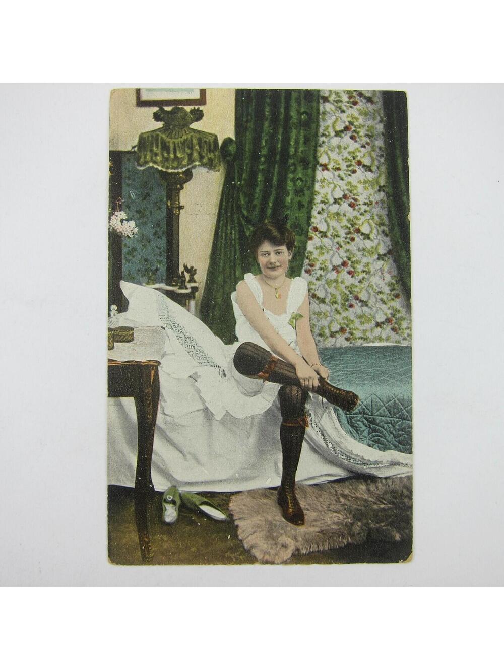Postcard Risque French Woman Getting Dressed Sits on Bed in Underclothes Antique - Picture 7 of 12